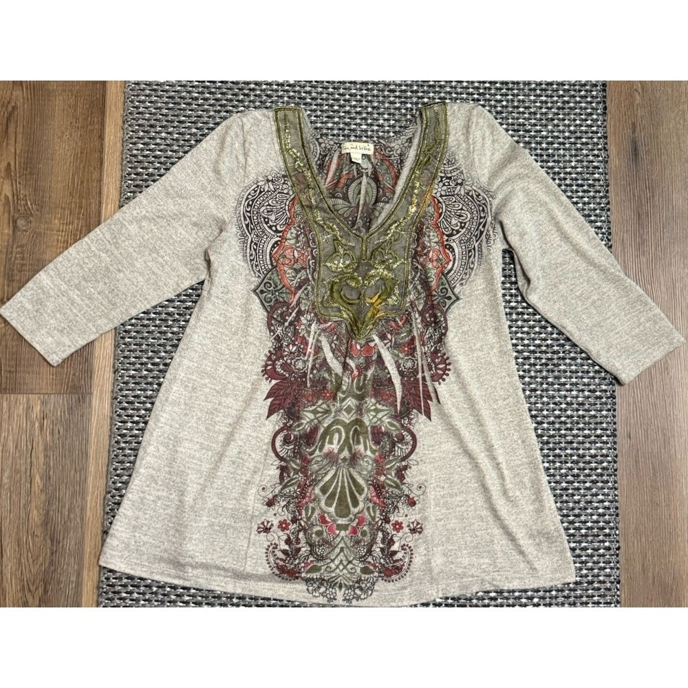LIVE AND LET LIVE Womens V Neck 3/4 Sleeve Pullover BOHO Tunic Sweater Gray Sz L